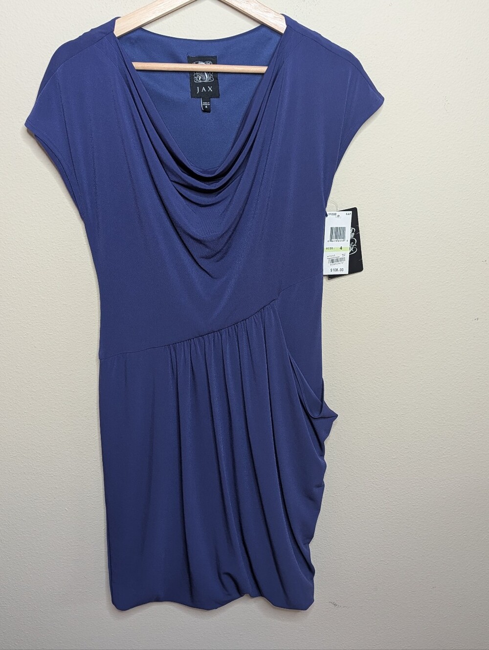 NWT Jax Cobalt Blue Cowl Neck Dress Size 4 Draped Pocket Detail